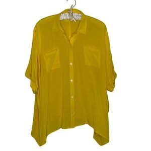 Aaron Ashe Silk Button Down Shirt Relaxed Fit Pockets Size S Yellow Summer FLAW